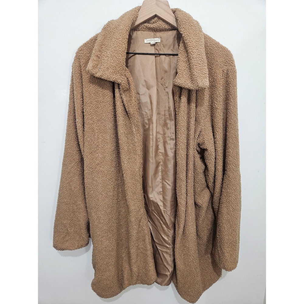 Kate & Sam Women XL Brown Faux Shearling Teddy Coat Open Front Jacket Pocketed